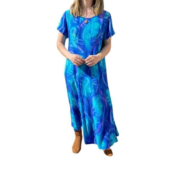 Vintage 90s Womens 100% Silk Blue Tie Dye Maxi Scoop Neck Boho Beach Dress Sz L - Picture 5 of 9